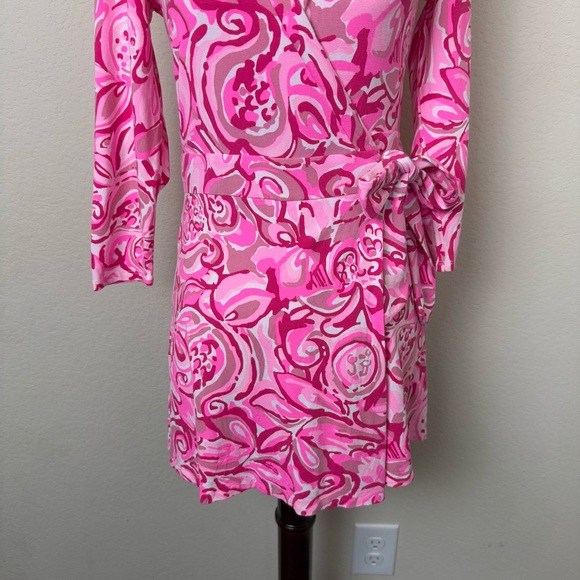 Lilly Pulitzer Karlie Wrap Romper in Pink Pout‎ Mango Salsa - Picture 6 of 13